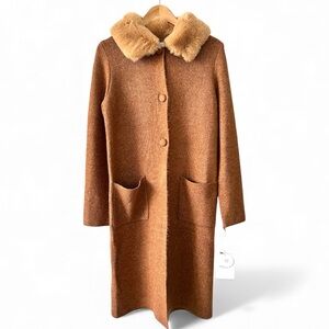 Song of Style Tan Faux Fur Trim Long Cardigan Sweater NWT Size M